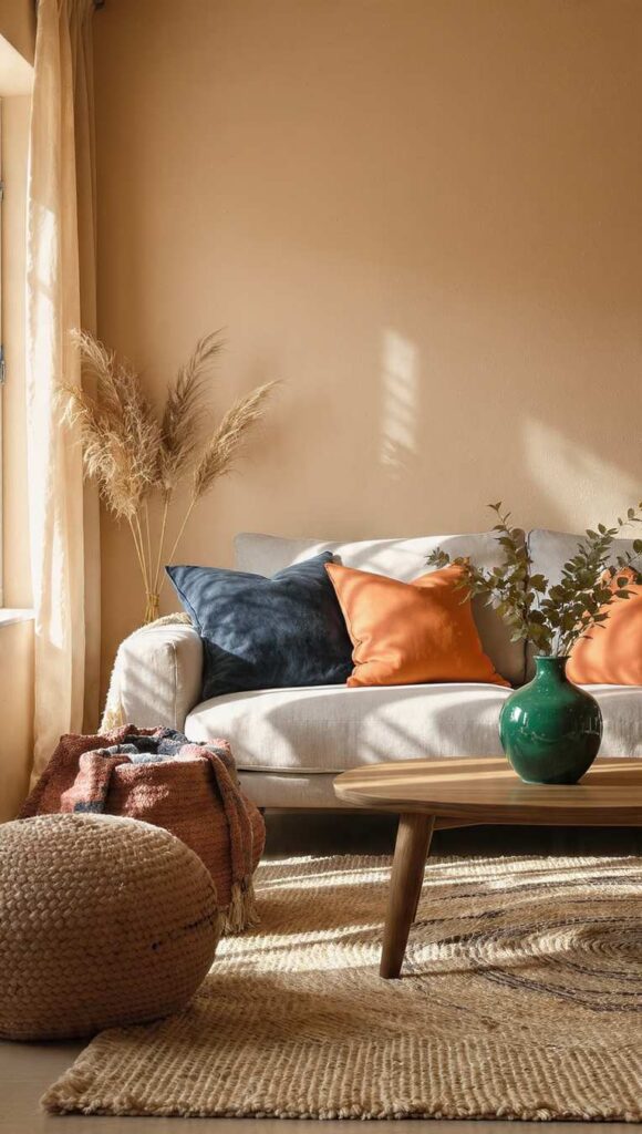 soggiorno in stile afrobohemien con pareti sabbia, divano in lino, tappeto in juta, cuscini indaco e terracotta e vaso verde smeraldo