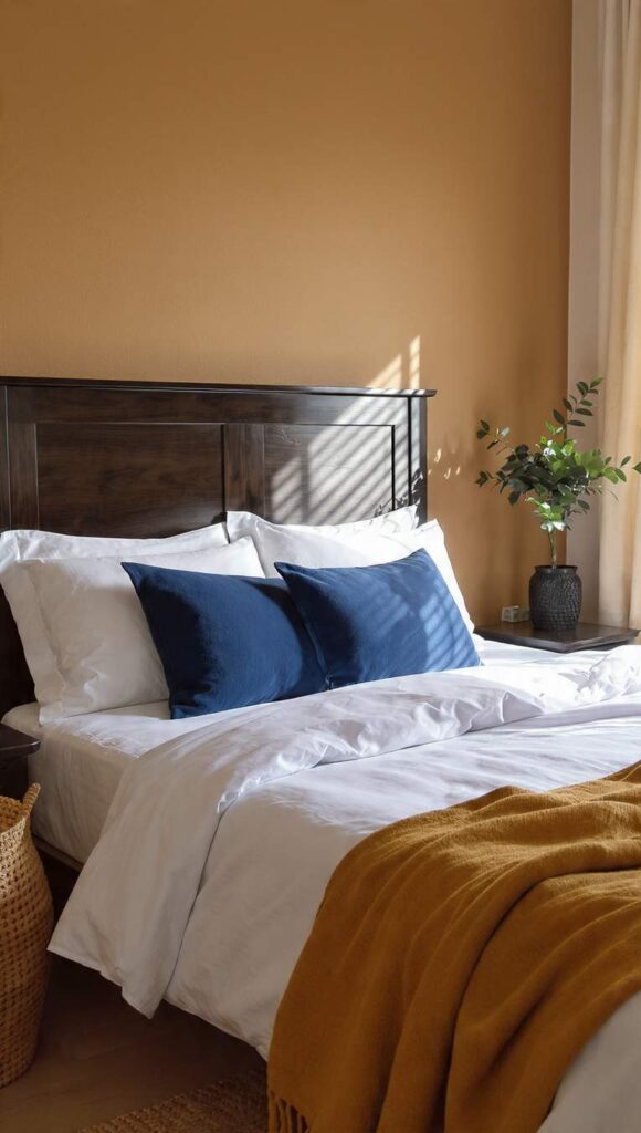 camera da letto in stile afrobohemien con testiera in legno cacao, lenzuola bianche, federe indaco e plaid ocra