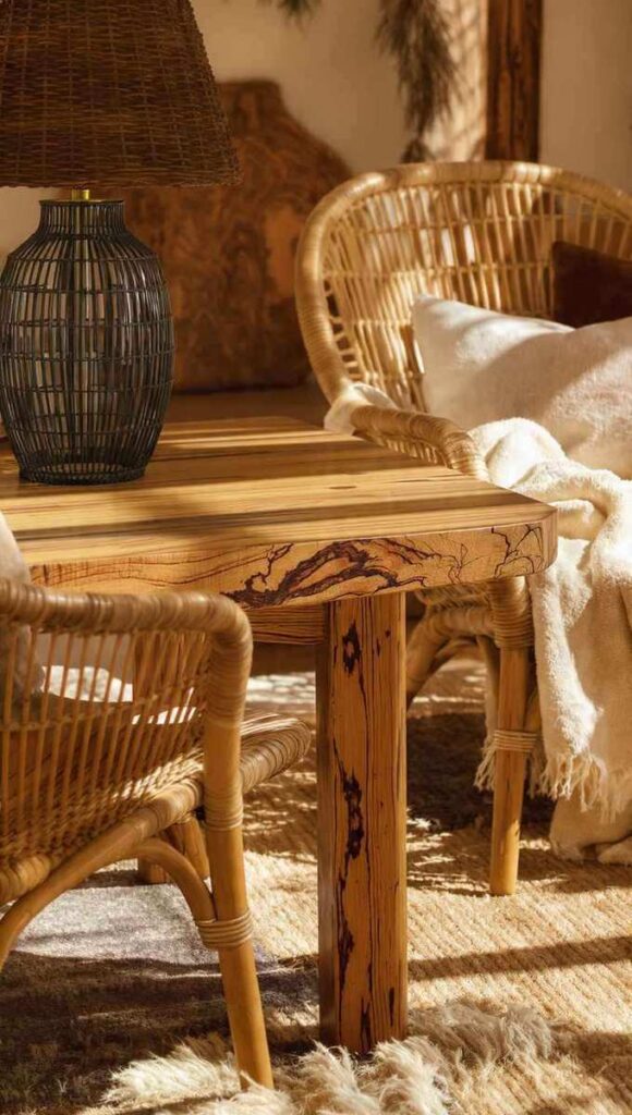 materiali in stile afrobohemien con legno teak recuperato, sedia in rattan miele, tappeto in juta e lino stonewashed