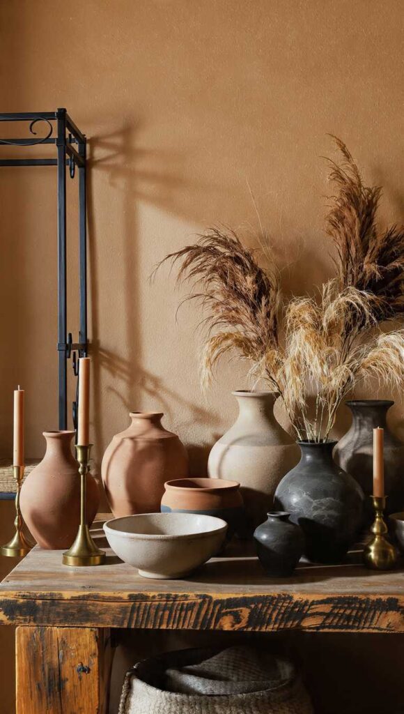 ceramiche in terracotta non smaltata e argilla nera in stile afrobohemien con dettagli in ottone spazzolato e ferro nero