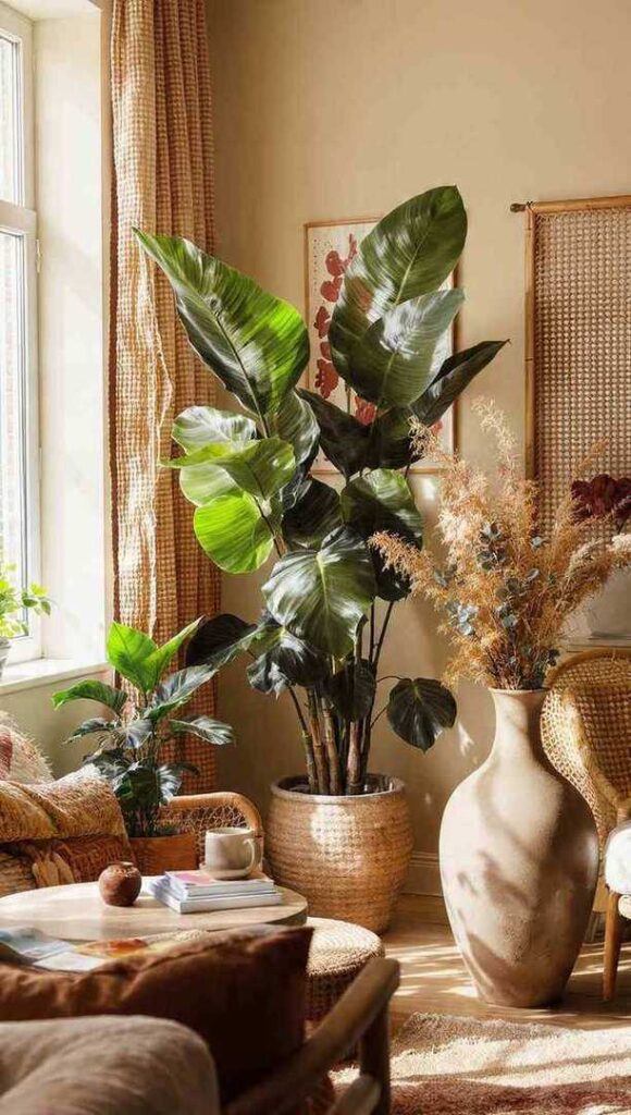 piante ficus lyrata e monstera in stile afrobohemien in vasi di terracotta che ammorbidiscono legno e fibre
