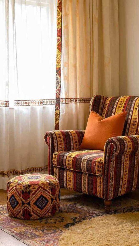 poltrona in tessuto kente ghanese e pouf in ankara colorato in soggiorno stile afrobohemien