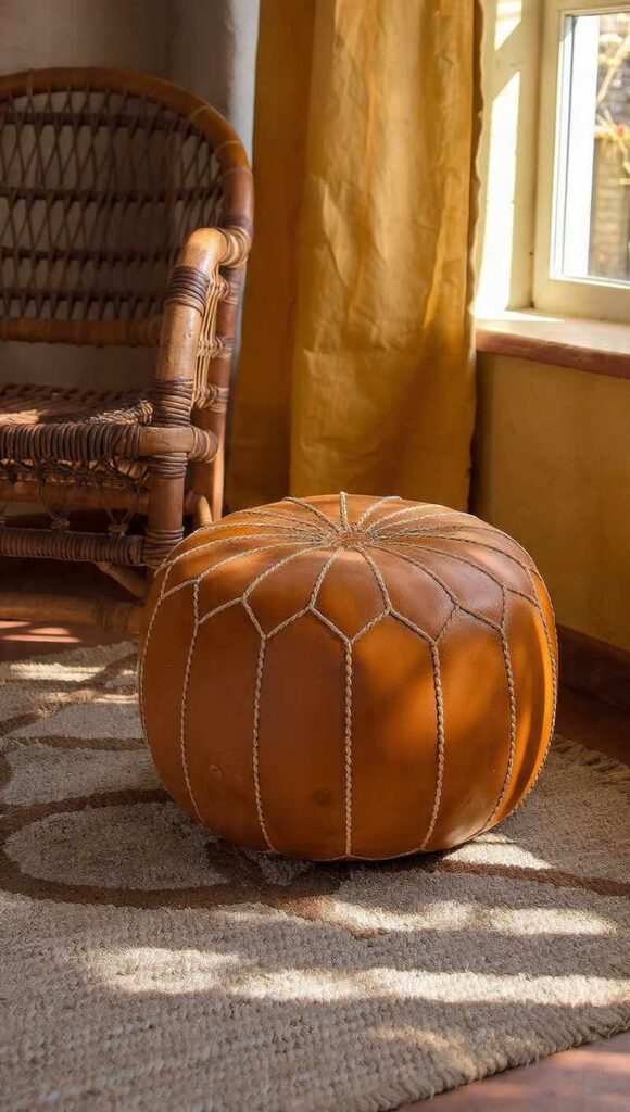 pouf in pelle marocchina color cognac su tappeto juta in interno stile afrobohemien
