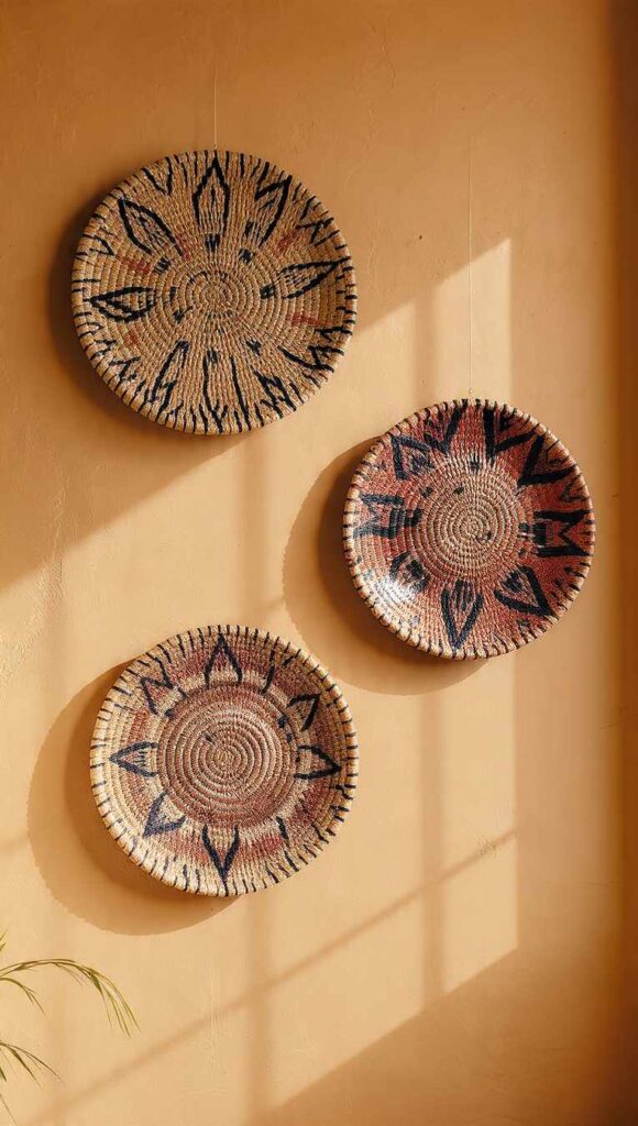 set di tre cesti africani da parete intrecciati in paglia in stile afrobohemien