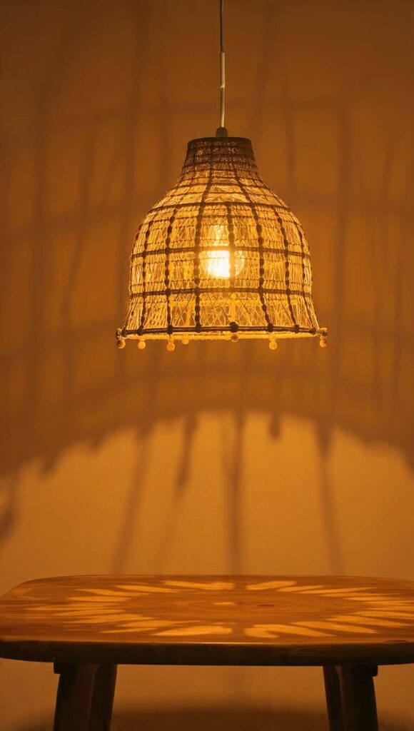 lampada a sospensione in paglia intrecciata per illuminazione calda in stile afrobohemien