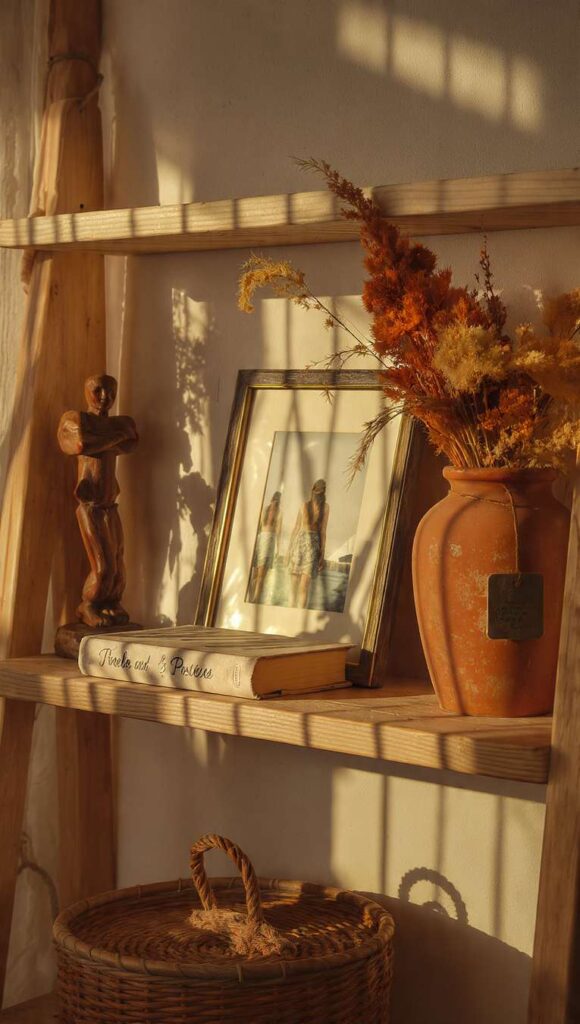 mensola con libri d'arte, foto di viaggio e scultura in legno in arredamento stile afrobohemien