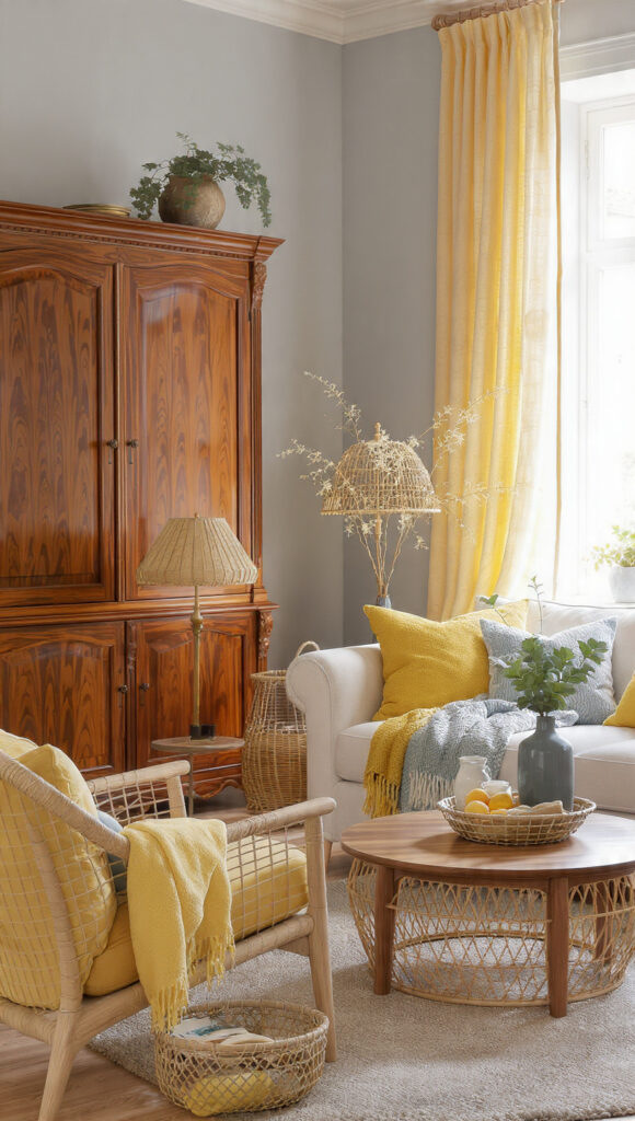 soggiorno pervinca senape con legno rovere e rattan stile nordico