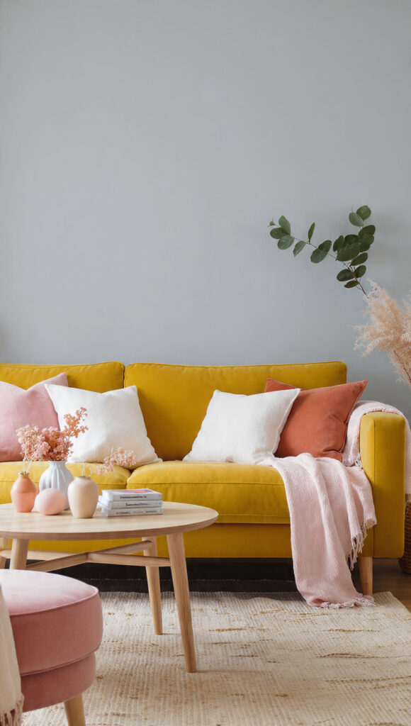 soggiorno pervinca senape con rosa cipria terracotta chiara femminile