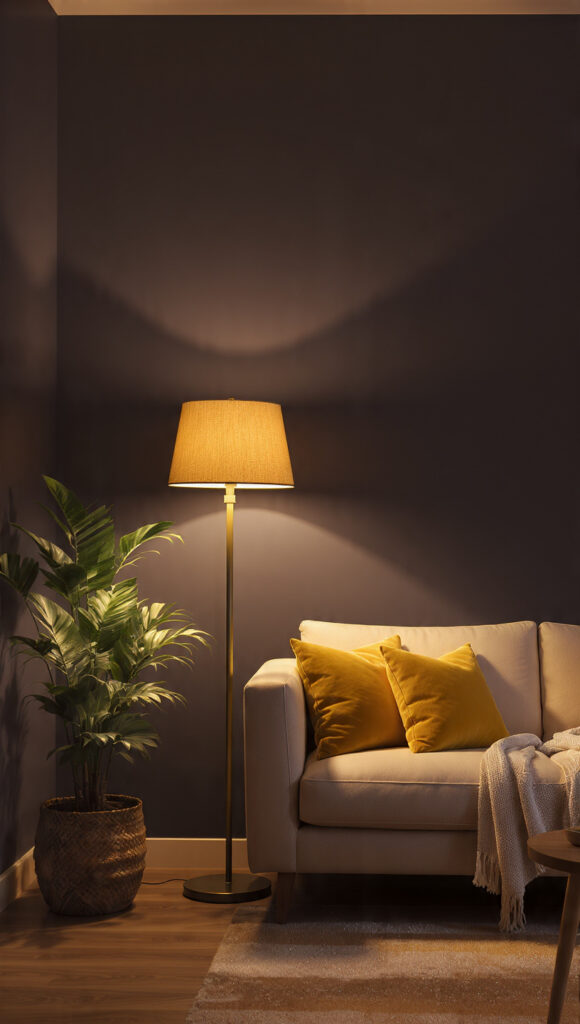 lampada lino naturale luce indiretta parete pervinca scura