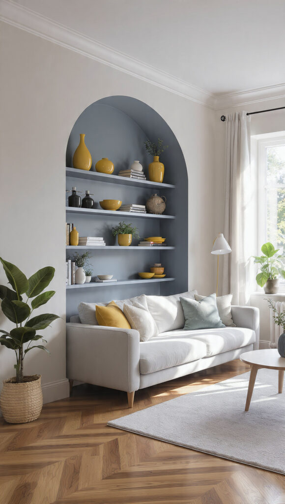 nicchia libreria pervinca con oggetti ceramica giallo senape
