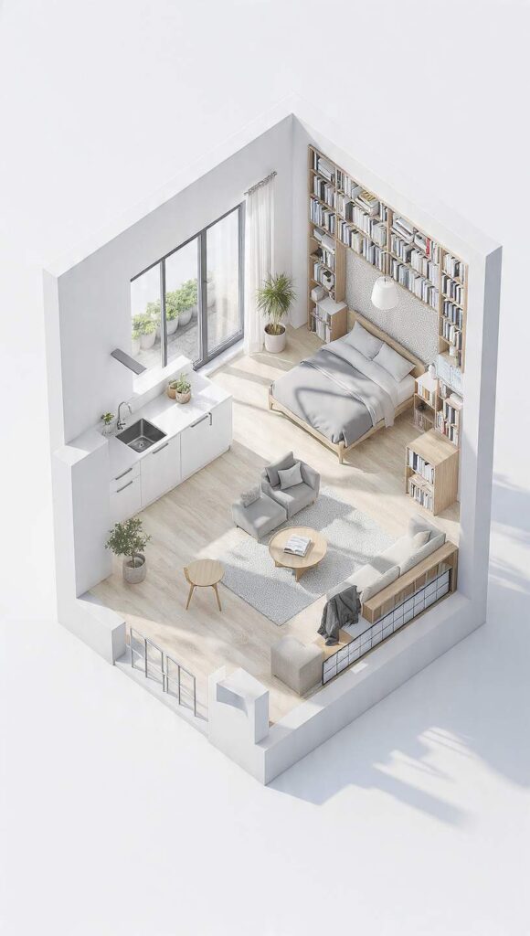 arredare monolocale 30 mq layout con cucina lineare living centrale e zona notte schermata