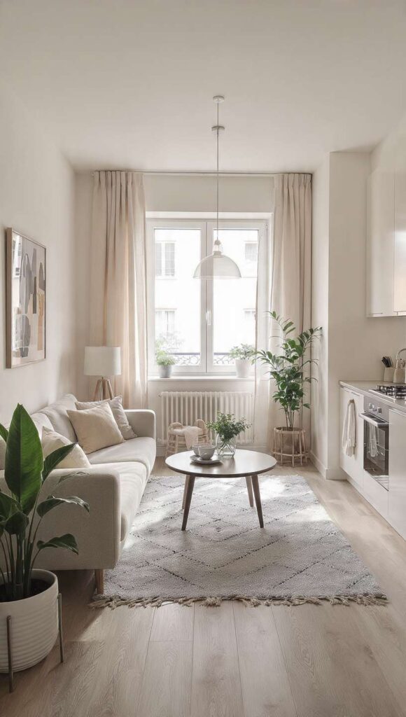 arredare monolocale 30 mq open space controllato con tappeto living e palette neutra