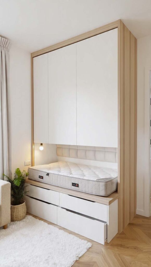 arredare monolocale 30 mq letto a scomparsa verticale e pedana contenitore