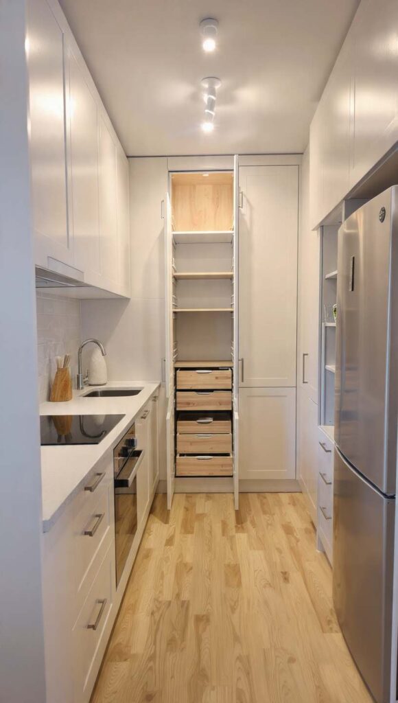 arredare monolocale 30 mq cucina piccola lineare con pensili fino al soffitto