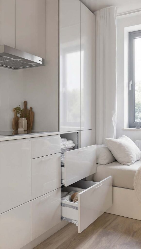 arredare monolocale 30 mq contenitori invisibili zoccolature e boiserie