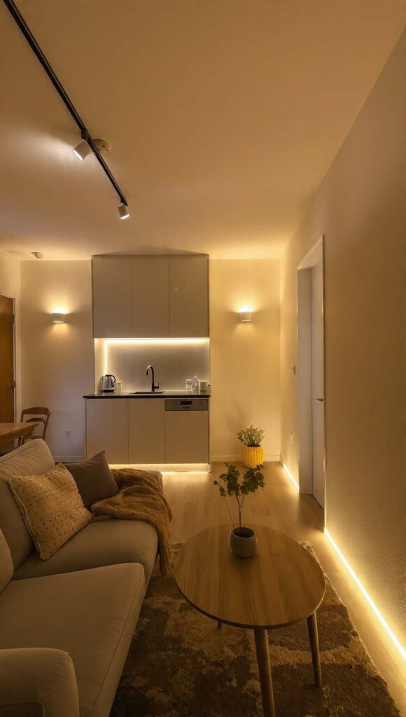 arredare monolocale 30 mq illuminazione verticale binari e led