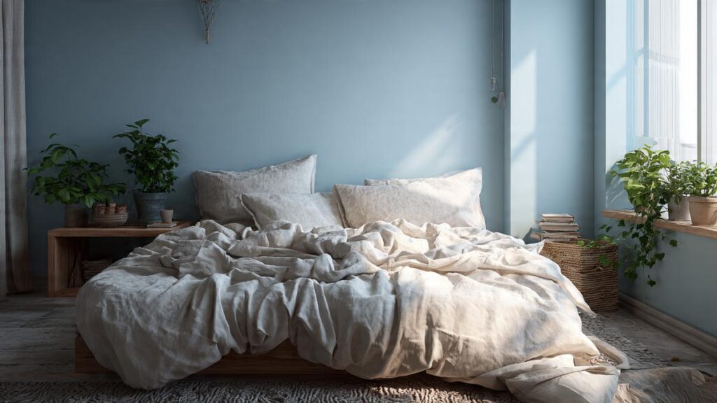 Pareti celeste polvere camera da letto con letto in lino bianco e comodino in legno chiaro stile scandinavo