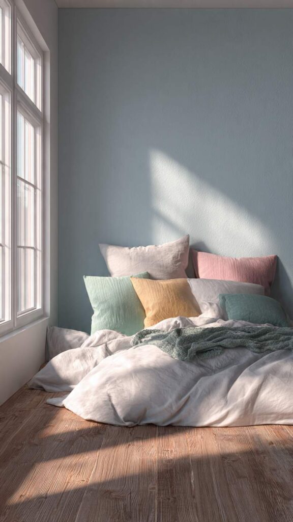 Pareti celeste polvere camera da letto luminosa con biancheria intercambiabile e luce naturale calda