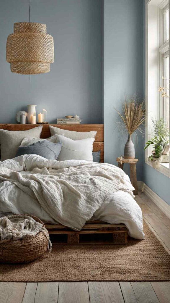 Pareti celeste polvere camera da letto versatile con arredi in legno, lino e dettagli minimal per vari stili