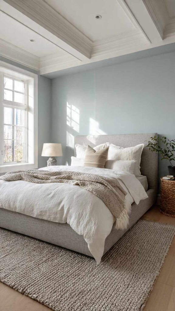 Pareti celeste polvere camera da letto abbinate a bianco gesso, testiera tortora e tappeto greige