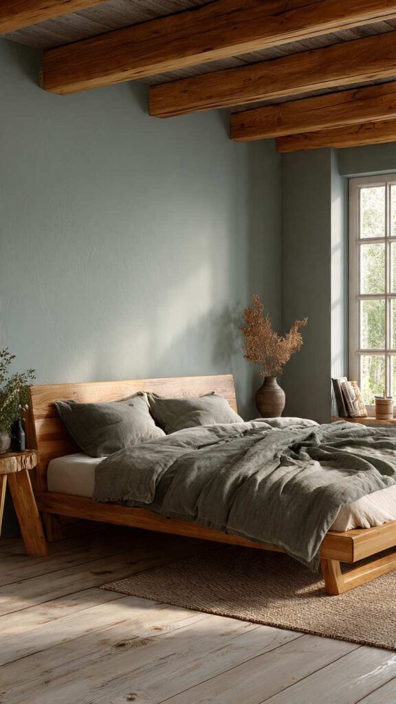 Pareti celeste polvere camera da letto con letto e comodini in legno naturale rovere chiaro