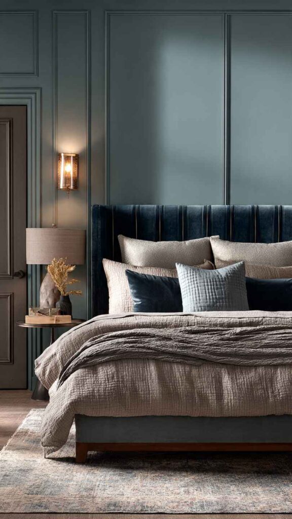 Pareti celeste polvere camera da letto con parete accento blu notte dietro il letto e dettagli verde salvia