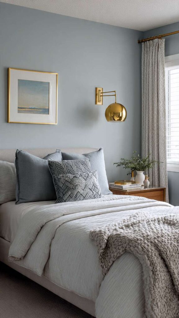 Pareti celeste polvere camera da letto con lampade in ottone spazzolato e dettagli metallici oro e cromo