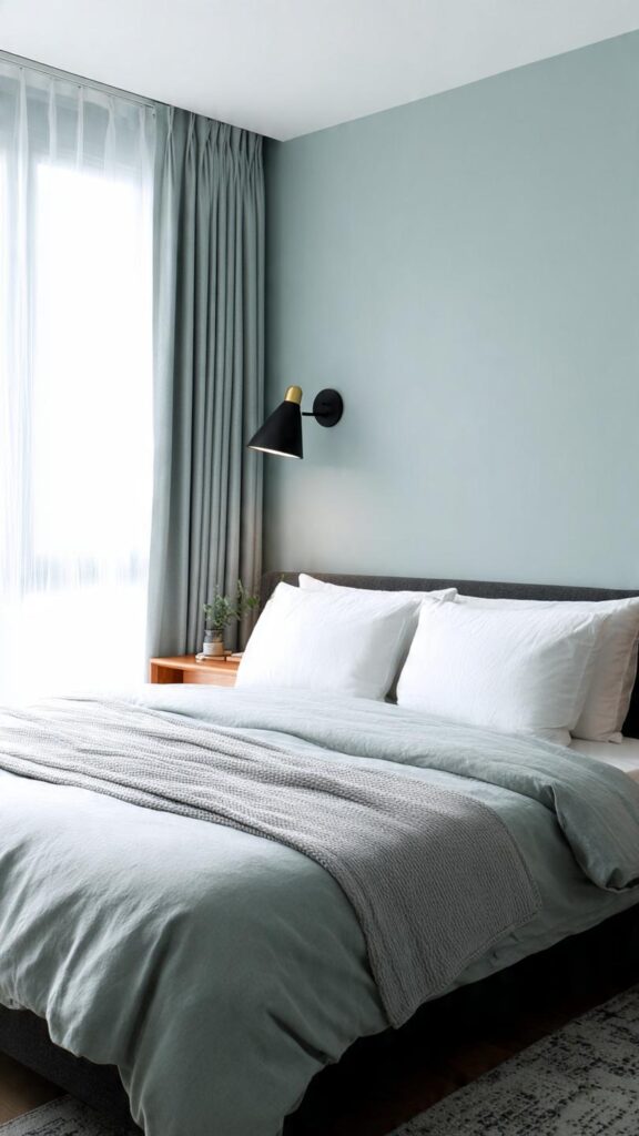 Pareti celeste polvere camera da letto moderna con tende grigio perla e lampade nere opache