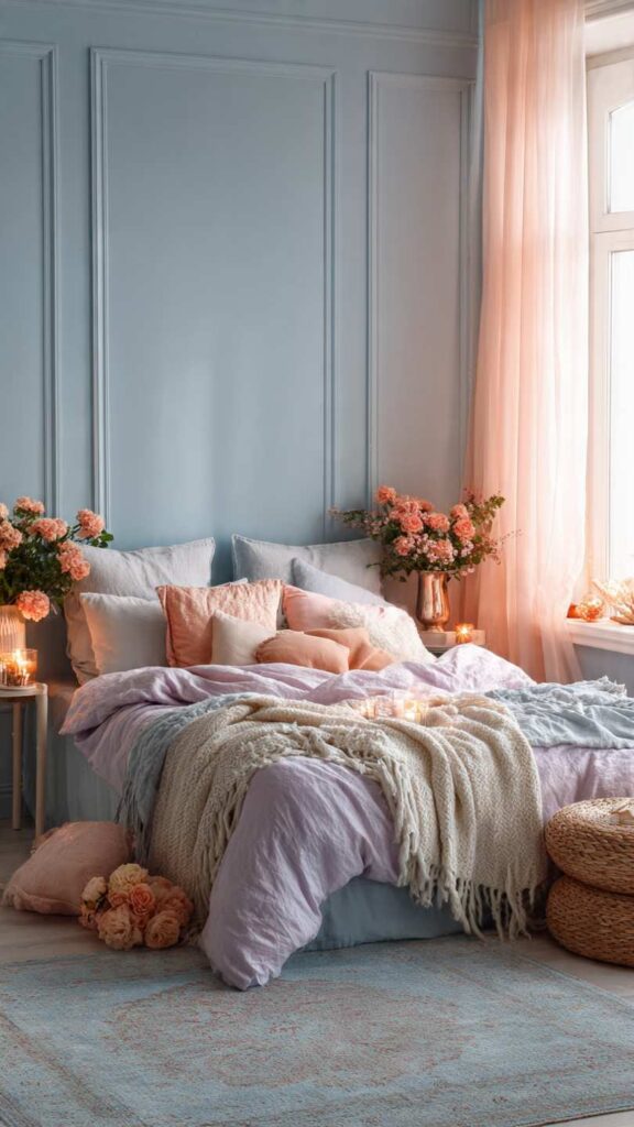 Pareti celeste polvere camera da letto romantica con cuscini rosa cipria e dettagli lavanda