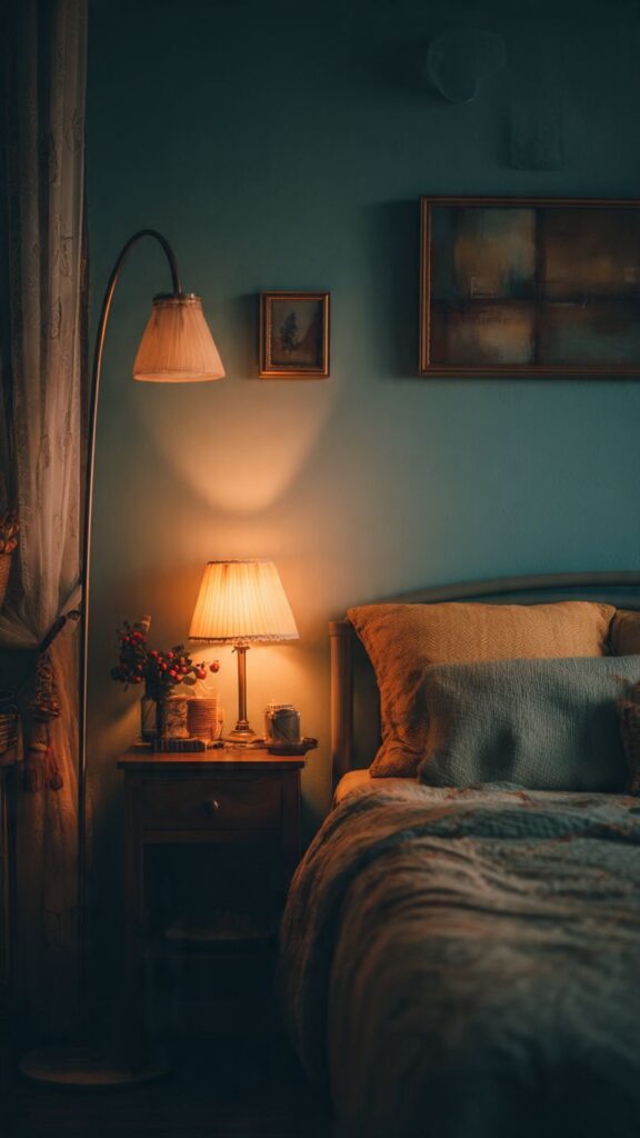 Pareti celeste polvere camera da letto con illuminazione calda diffusa e piantana ad arco