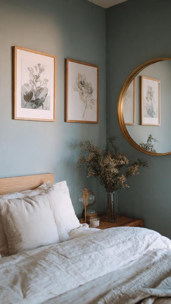 Pareti celeste polvere camera da letto con decorazioni minimal stampe botaniche e specchio ottone