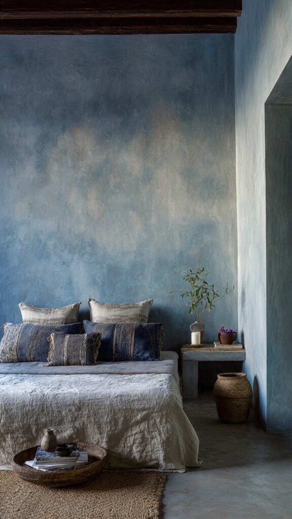 Pareti celeste polvere camera da letto con finitura opaca vellutata e pittura lime wash