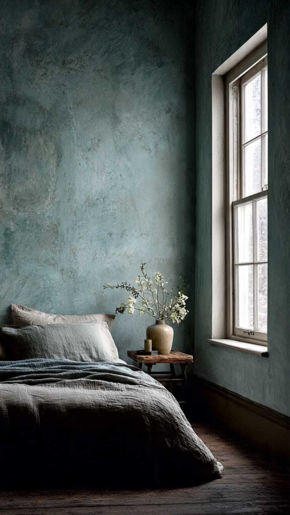 Pareti celeste polvere camera da letto con finitura a calce per profondità e movimento