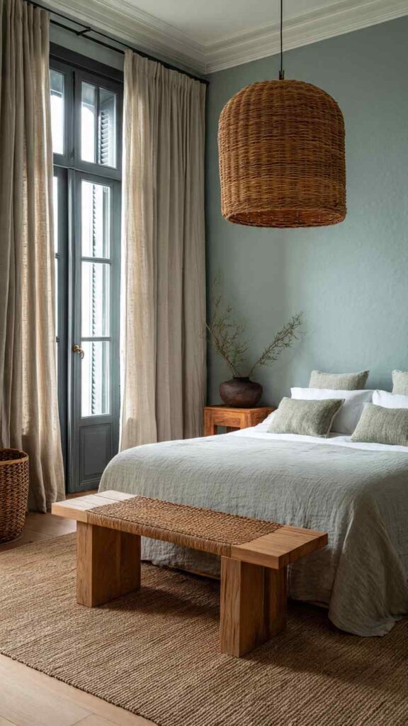 Pareti celeste polvere camera da letto con lampada rattan, tende lino e comodini in legno