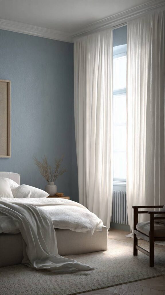 Pareti celeste polvere camera da letto con tende in lino bianco écru filtranti luce