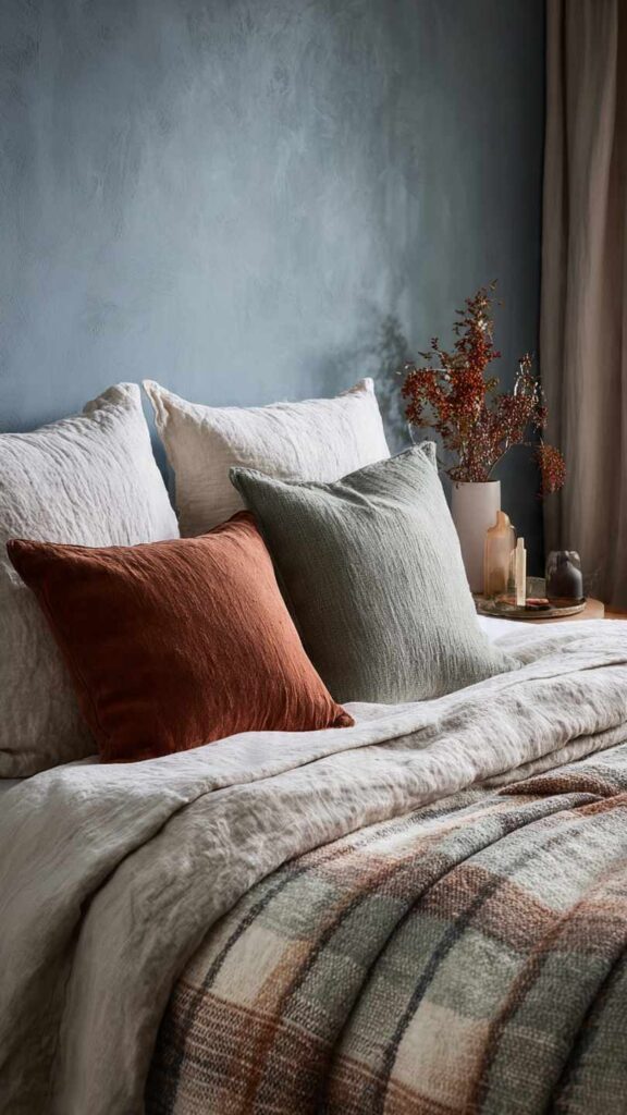 Pareti celeste polvere camera da letto con letto stratificato lino e cuscini verde salvia terracotta
