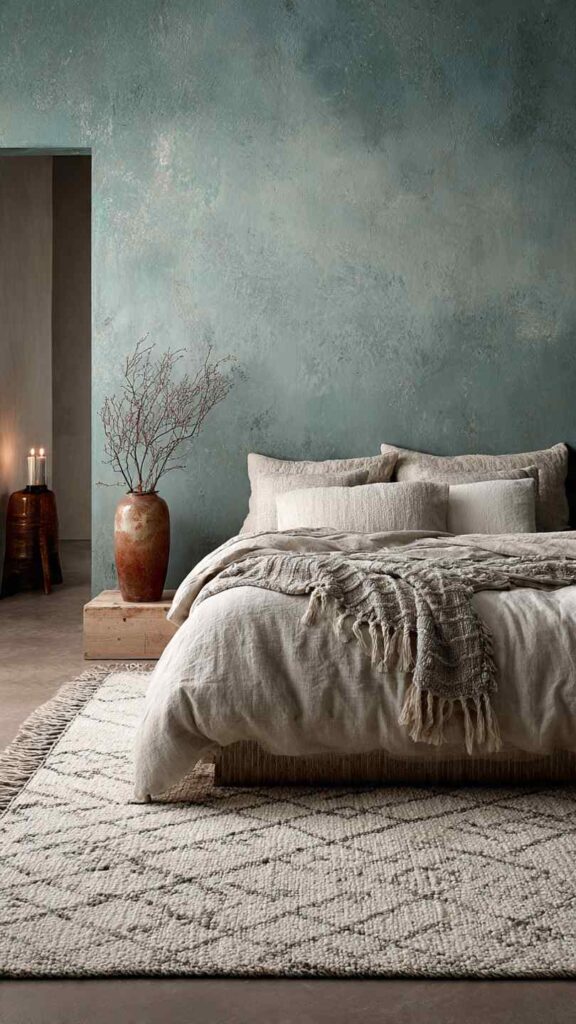 Pareti celeste polvere camera da letto con tappeto greige a pelo corto che ancora l’ambiente