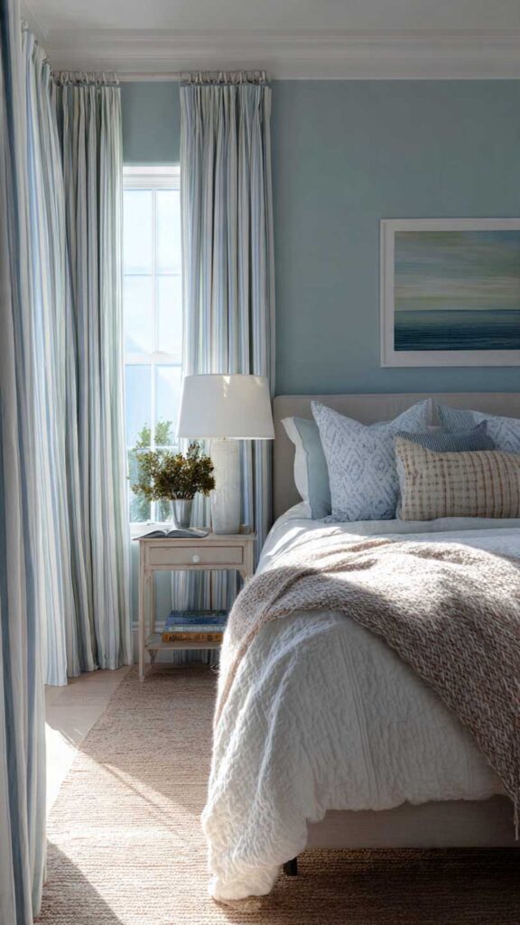 Pareti celeste polvere camera da letto con abbinamenti tende bianco ottico e beige rosato