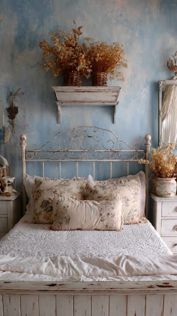 Pareti celeste polvere camera da letto stile shabby chic con mobili bianchi decapati e testiera ferro