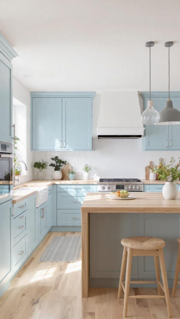 cucina celeste e legno amata per cucine piccole e grandi con isola stile nordico japandi