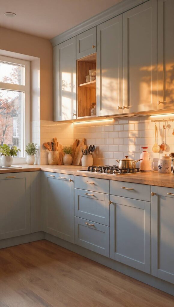 cucina celeste polvere e legno chiaro con luce calda 2700K atmosfera avvolgente