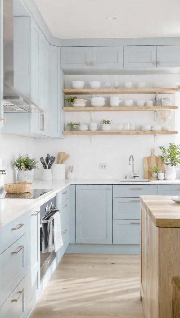 cucina celeste polvere opaco con rovere chiaro e rovere sbiancato stile nordico