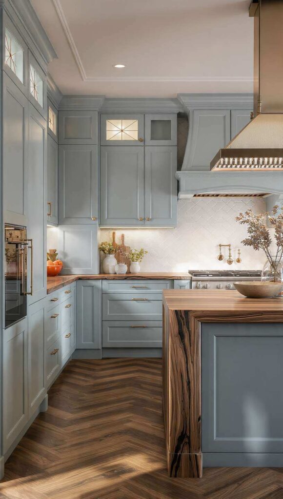 cucina celeste e legno noce canaletto e noce biondo isola centrale