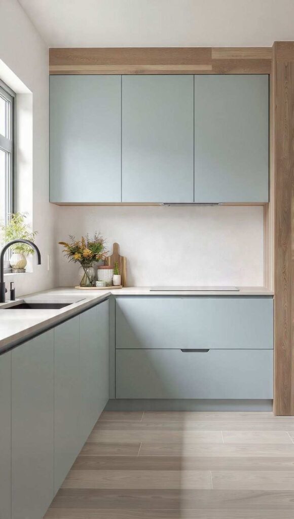 cucina celeste opaca legno frassino e olmo effetto contemporaneo japandi