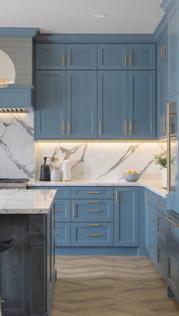 cucina celeste con legno scuro satinato e metalli chiari nickel ottone spazzolato