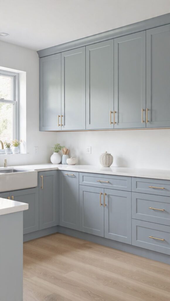 cucina celeste polvere opaco con rovere ottone spazzolato top bianco