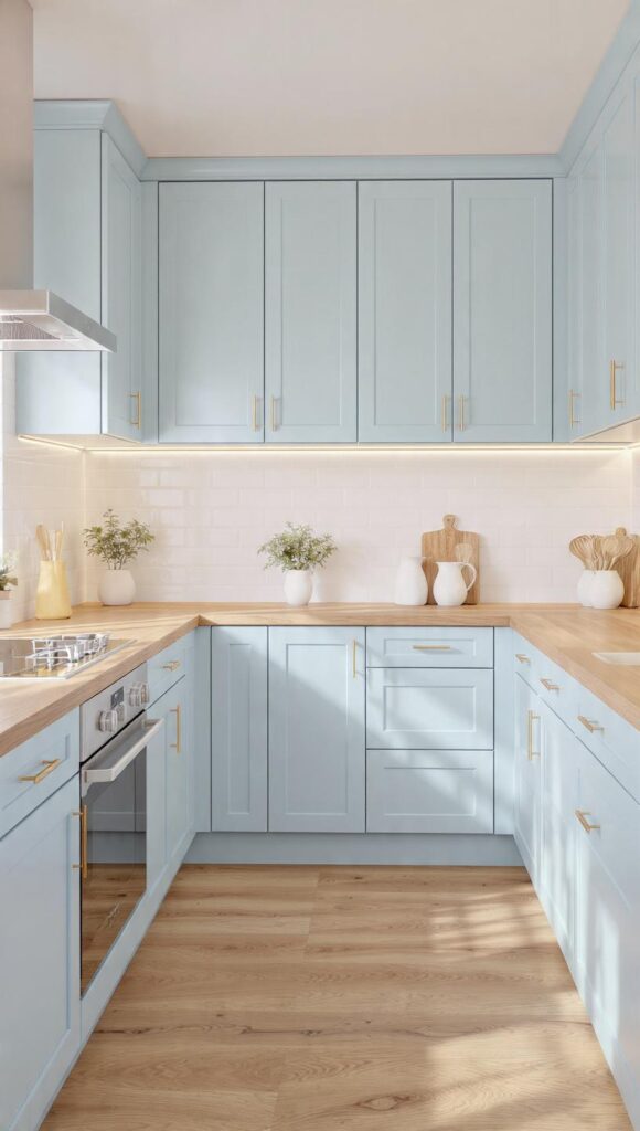 cucina azzurro baby luminosa con legno caldo maniglie minimal