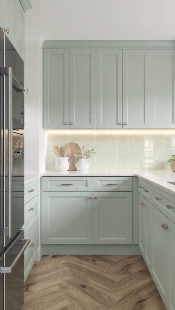 cucina celeste salvia con frassino e top gres effetto calce