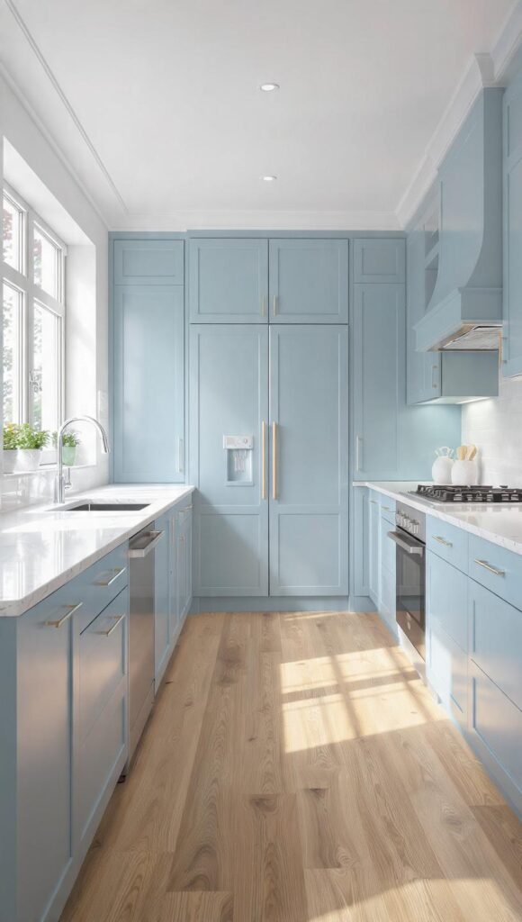 top quarzo bianco caldo marmo carrara cucina celeste legno