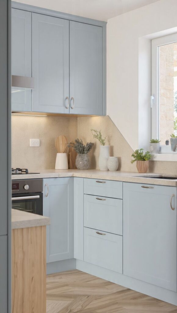 top gres effetto pietra greige cucina celeste legno